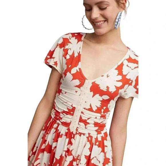 Anthropologie Maeve XS Summer Breeze Orange Off White Floral Dress Ruched Waist - Picture 10 of 15